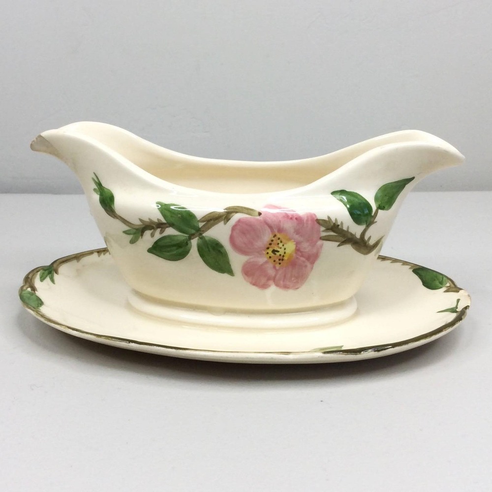 VTG Franciscan Desert Rose Double Spout Gravy Boat Attached Plate USA Pottery 40
